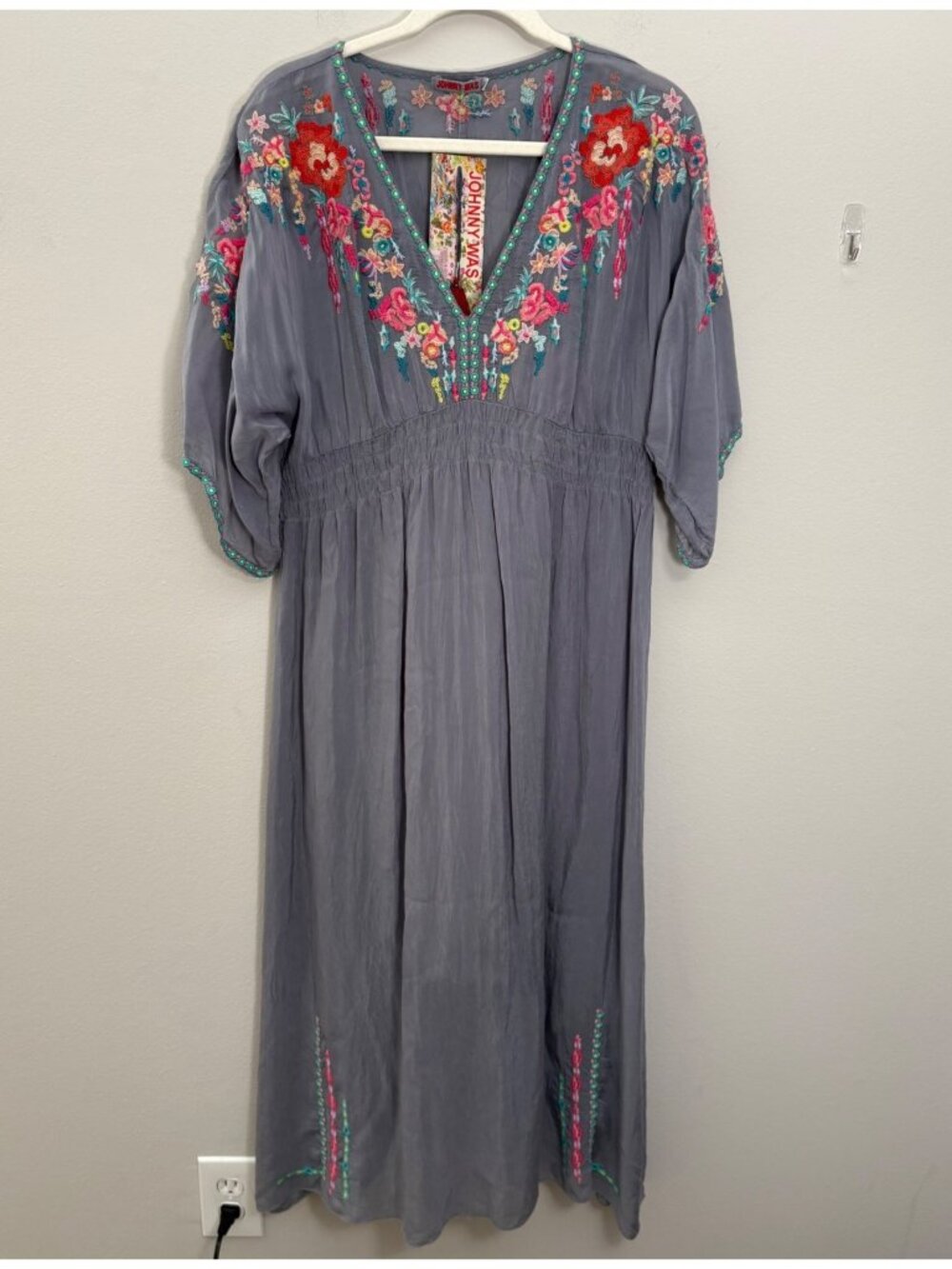 Johnny Was Gray Midi Dress with Pink, Red & Turquoise Floral Embroidery